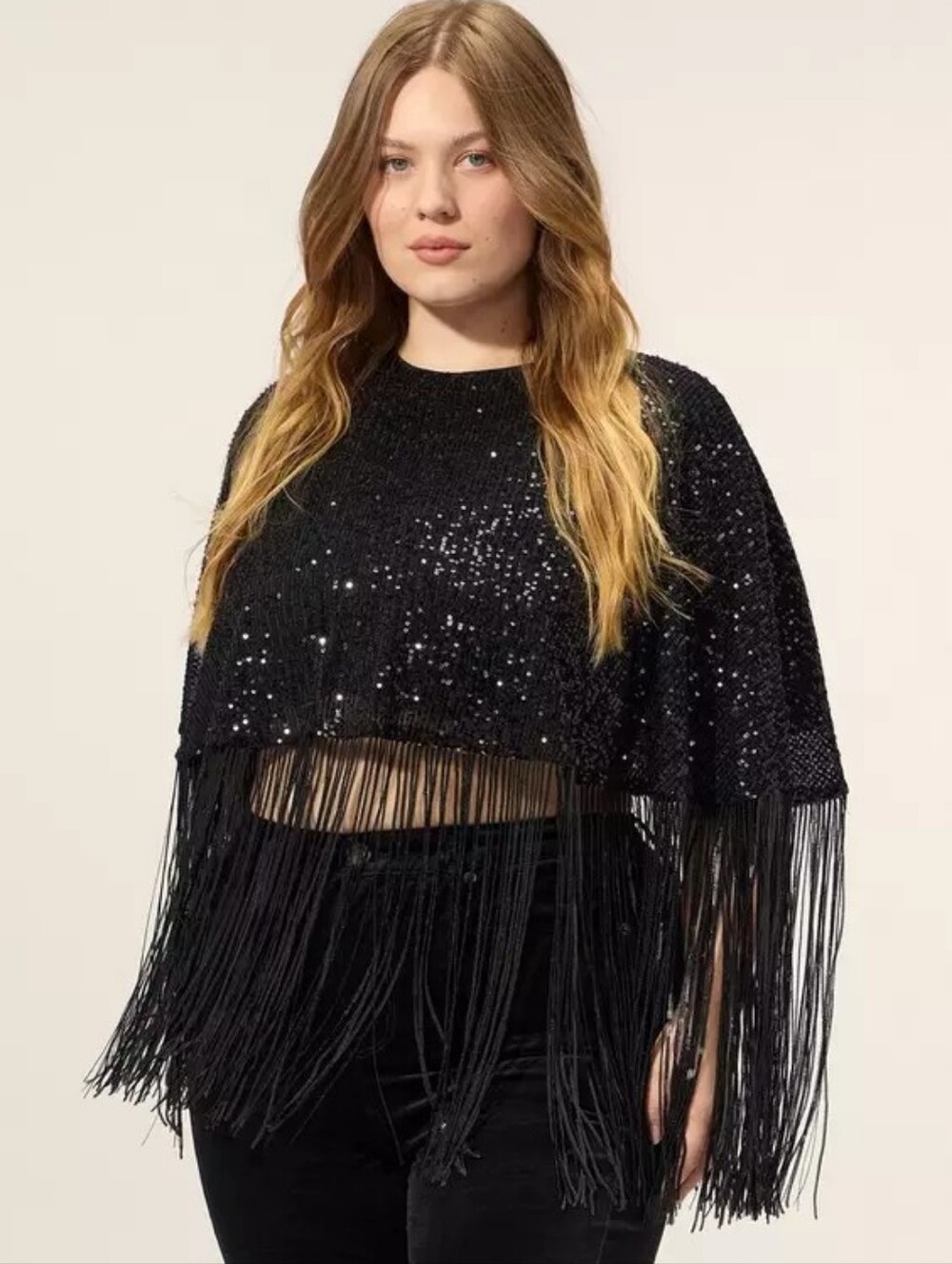 Torrid Festi Black Mesh Sequin Fringe Back Button Cape Women's Plus Sz 1X 2X Nwt